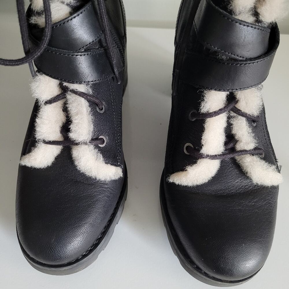 UGG "Ingrid" Black Leather Shearling Lug Soled Lace-Up Moto Combat Biker Boots-7 - Picture 4 of 14